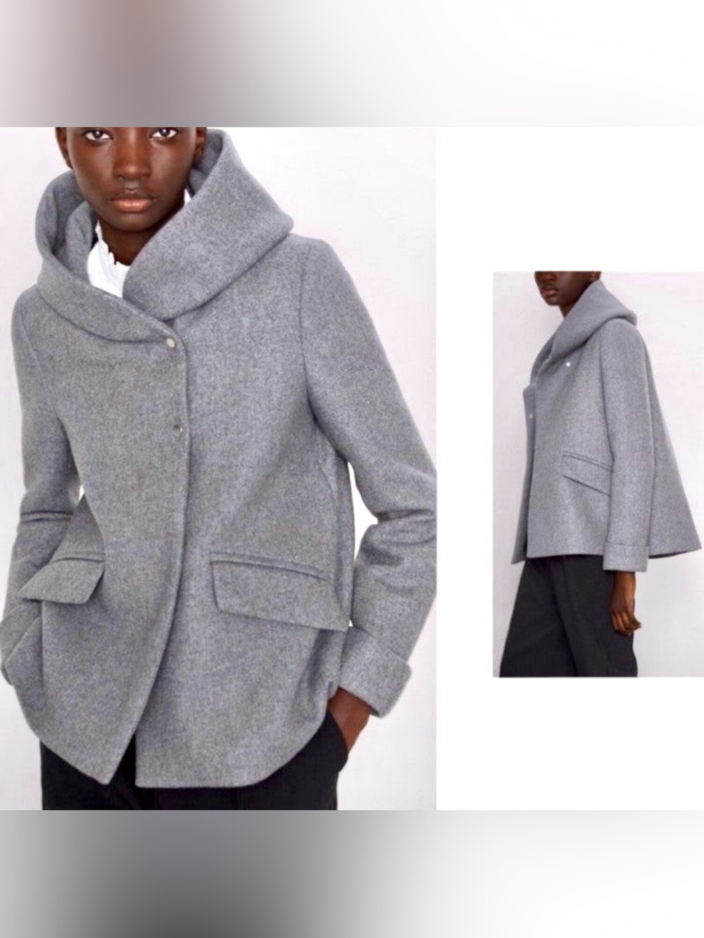 Zara Sz XS Gray Wool Blend Hooded Coat Wraparound Collar 8086/696/802/XS